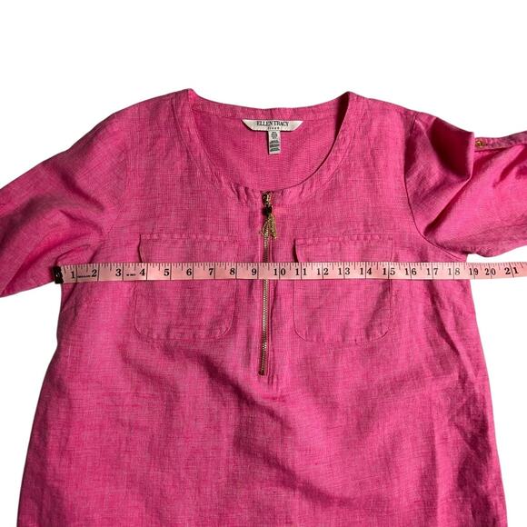 Ellen Tracy Pink Linen Cotton Top S Gold Zip Tassel 3/4 Sleeve Pockets Slit Back - Picture 15 of 16